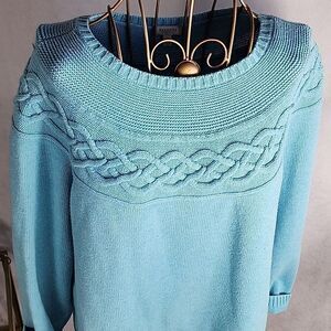 Cotton Cable Knit Neckline Light Blue Long Sleeved Sweater Minimalist
